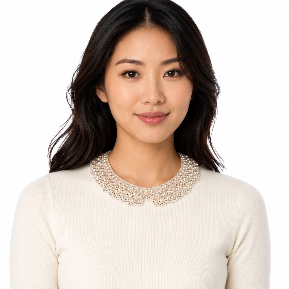 Cream Faux Pearl Bib Necklace Peter Pan Collar Style Scalloped Statement 103-153